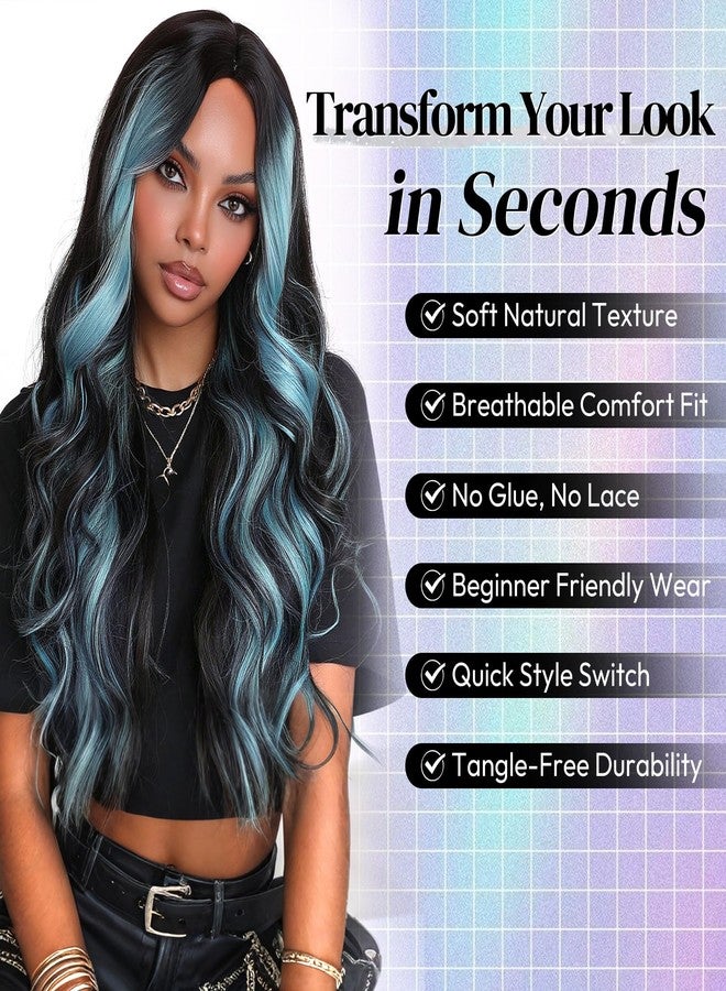 BARSDAR Black Teal Blue Highlight Long Wavy Wig with Curtain Bangs – 28 Inch Teal Blue Black Ombre Highlight Calico Wig for Women – Natural Looking Thick Soft Synthetic Party Halloween Gothic Costume - Image 3